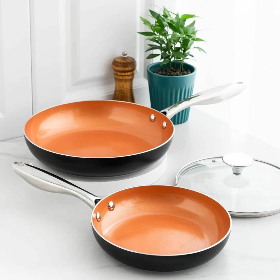 MICHELANGELO 8 Inch Nonstick Frying Pan with Lid, Ceramic Titanium Coating, Copper Small Skillet, PFOA-Free Cookware for Even Heat Distribution