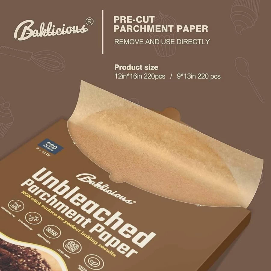 BAKLICIOUS 220-Pack Pre-Cut Unbleached Parchment Paper Sheets for Baking, Air Fryer, Oven - Heavy Duty, Non-Stick for Cookies, Bread, Cupcakes & Cooking