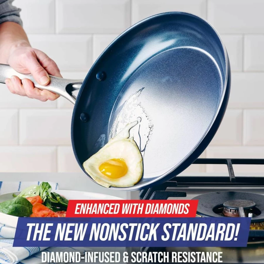 Blue Diamond 11-Inch Diamond Infused Ceramic Nonstick Griddle Pan, PFAS & PFOA-Free, Oven & Dishwasher Safe, Warp-Resistant, Even Heat Distribution, Metal Utensil Friendly