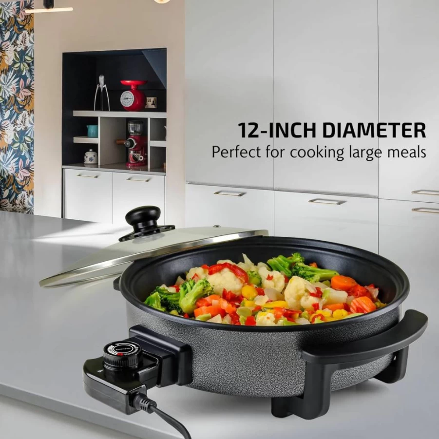 OVENTE 12-Inch Nonstick Electric Skillet with Adjustable Temperature, 1400W Power, Tempered Glass Lid & Cool-Touch Handles, Black SK11112B