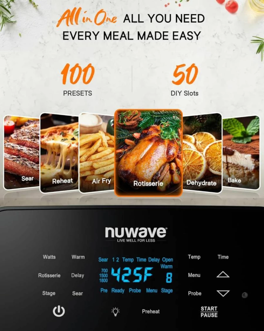 Nuwave Brio 15.5Qt Air Fryer Oven with Rotisserie, 1800W, 4 Rack Positions, 50-425°F, 100 Presets, Smart Thermometer, Linear T Technology, X-Large Family Size