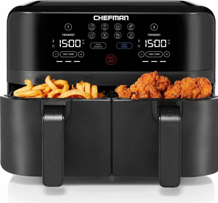 Chefman 6 Quart Digital Air Fryer with Dual Nonstick Baskets, Smart Sync Technology, Touchscreen Controls & Auto Shutoff - Black