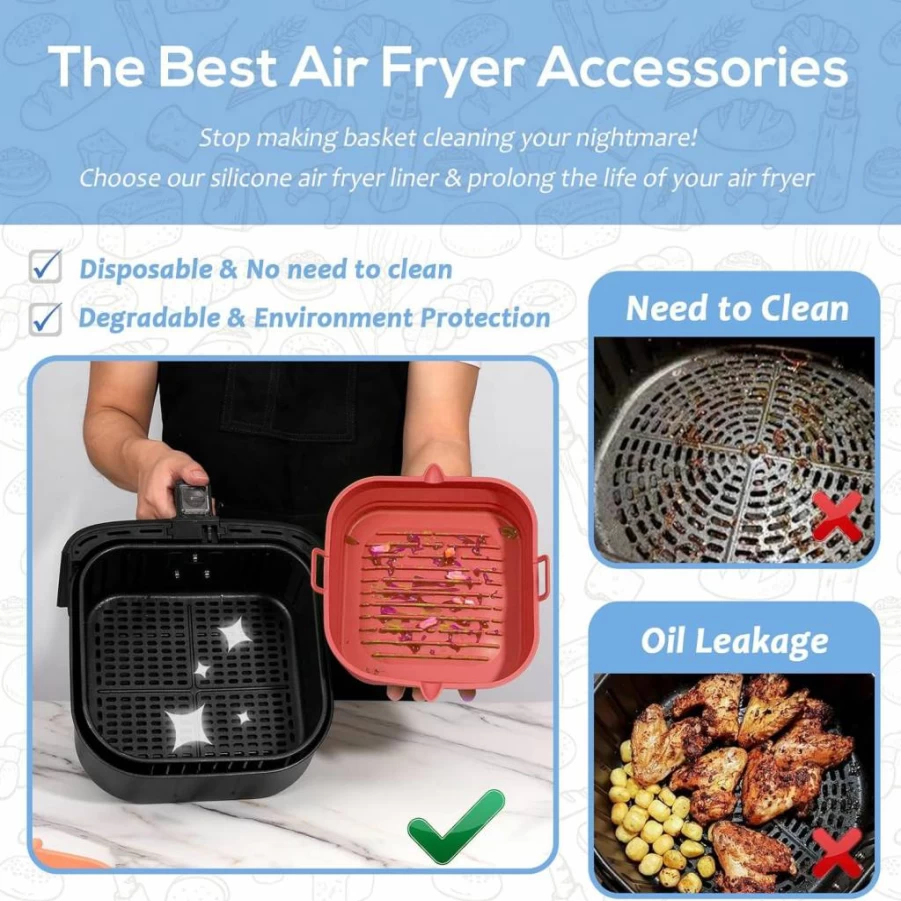Loveuing 8.5 Inch Reusable Silicone Air Fryer Liners Square - Collapsible Basket for 5.8 to 8 Qt Air Fryers, Non-Stick Easy Clean Baking Tray Oven Accessories