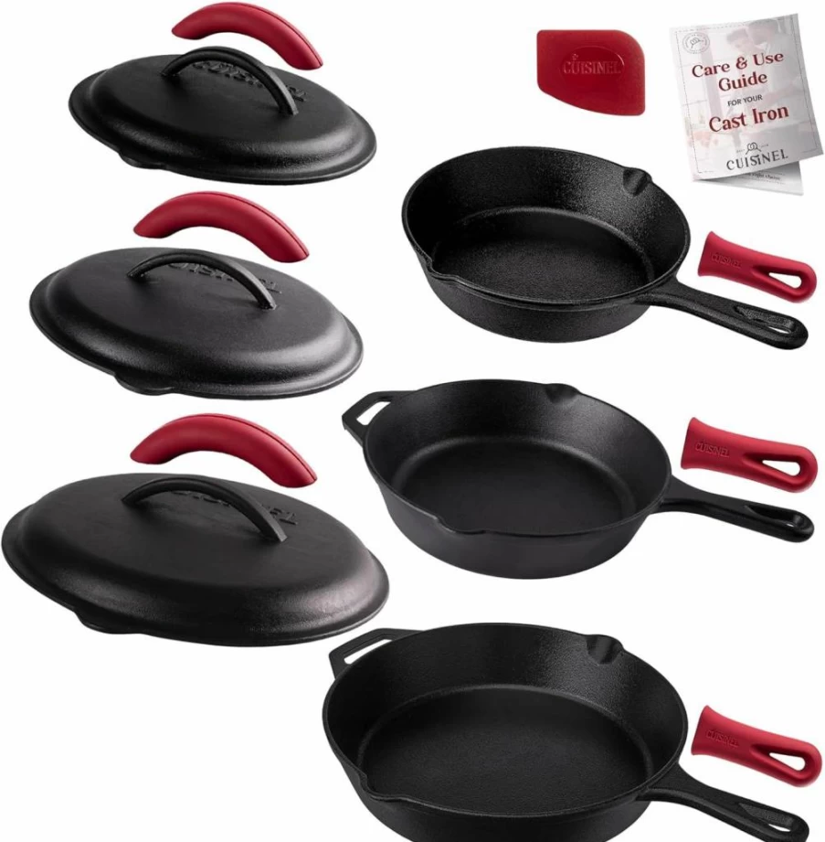 Cuisinel 12" Pre-Seasoned Cast Iron Skillet with Lid - Oven Safe Covered Frying Pan for Stovetop, Grill & Camping - Includes Silicone Handle Cover & Scraper