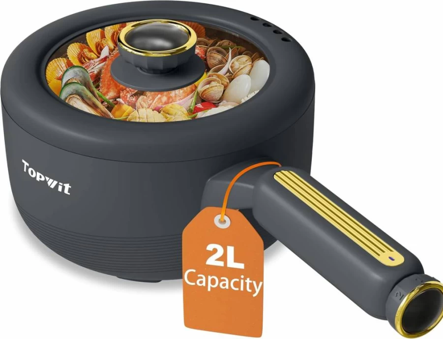 TopWit 2L Electric Hot Pot with Non-Stick Pan, Dual Power Control, Portable Cooker for Soup, Ramen, Steak & Eggs, Includes Silicone Spatula, Grey