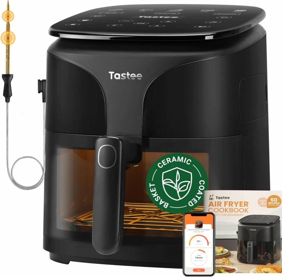 Tastee 5.5Qt 8-in-1 Digital Air Fryer with Smart Probe, 24 Presets, Dehydrator, App Control, Viewing Window, Dishwasher Safe & Non-Stick, 450°F Compact Ceramic Airfryer