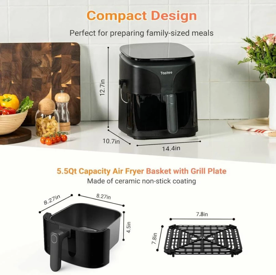 Tastee 5.5Qt 8-in-1 Digital Air Fryer with Smart Probe, 24 Presets, Dehydrator, App Control, Viewing Window, Dishwasher Safe & Non-Stick, 450°F Compact Ceramic Airfryer
