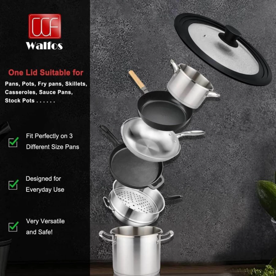 Walfos 10"-12" Universal Tempered Glass Lid with Heat Resistant Silicone Rim for Pots, Pans & Skillets