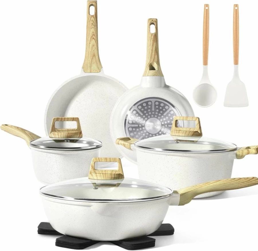 GiPP 14-Piece Nonstick Granite Cookware Set - PFOS & PFOA Free Induction Kitchen Pots and Pans with Silicone Utensils, White