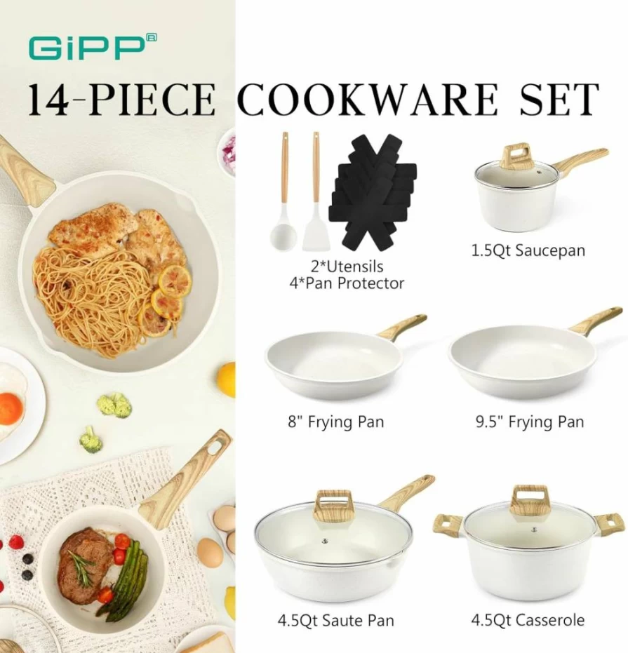 GiPP 14-Piece Nonstick Granite Cookware Set - PFOS & PFOA Free Induction Kitchen Pots and Pans with Silicone Utensils, White