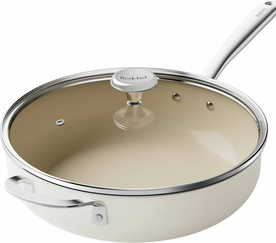 Redchef 5Qt Ceramic Nonstick Saute Pan with Lid, PFAS PFOA PTFE Free, Oven & Dishwasher Safe Deep Frying Pan, Chef Cookware with Helper Handle