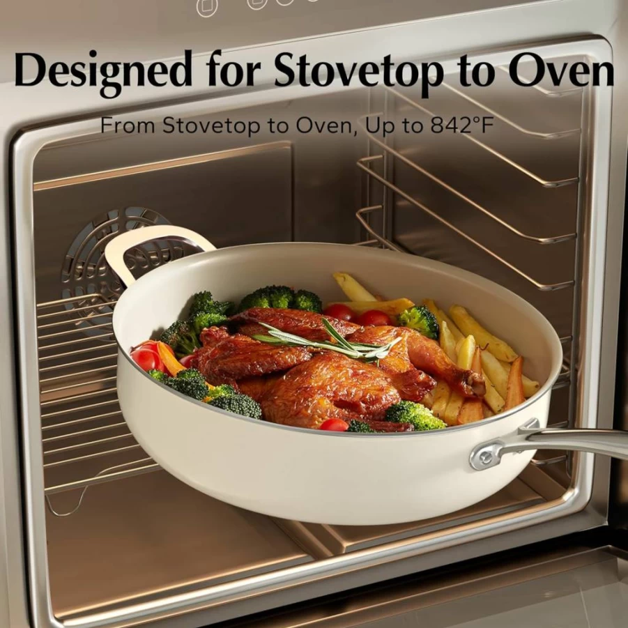 Redchef 5Qt Ceramic Nonstick Saute Pan with Lid, PFAS PFOA PTFE Free, Oven & Dishwasher Safe Deep Frying Pan, Chef Cookware with Helper Handle