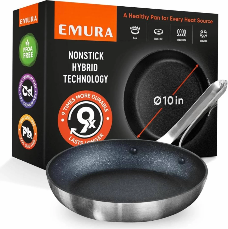 Emura 10 Inch Nonstick Frying Pan - PFOA & PTFE Free, Induction & Oven Safe, Scratch Resistant Aluminum Skillet for All Stovetops
