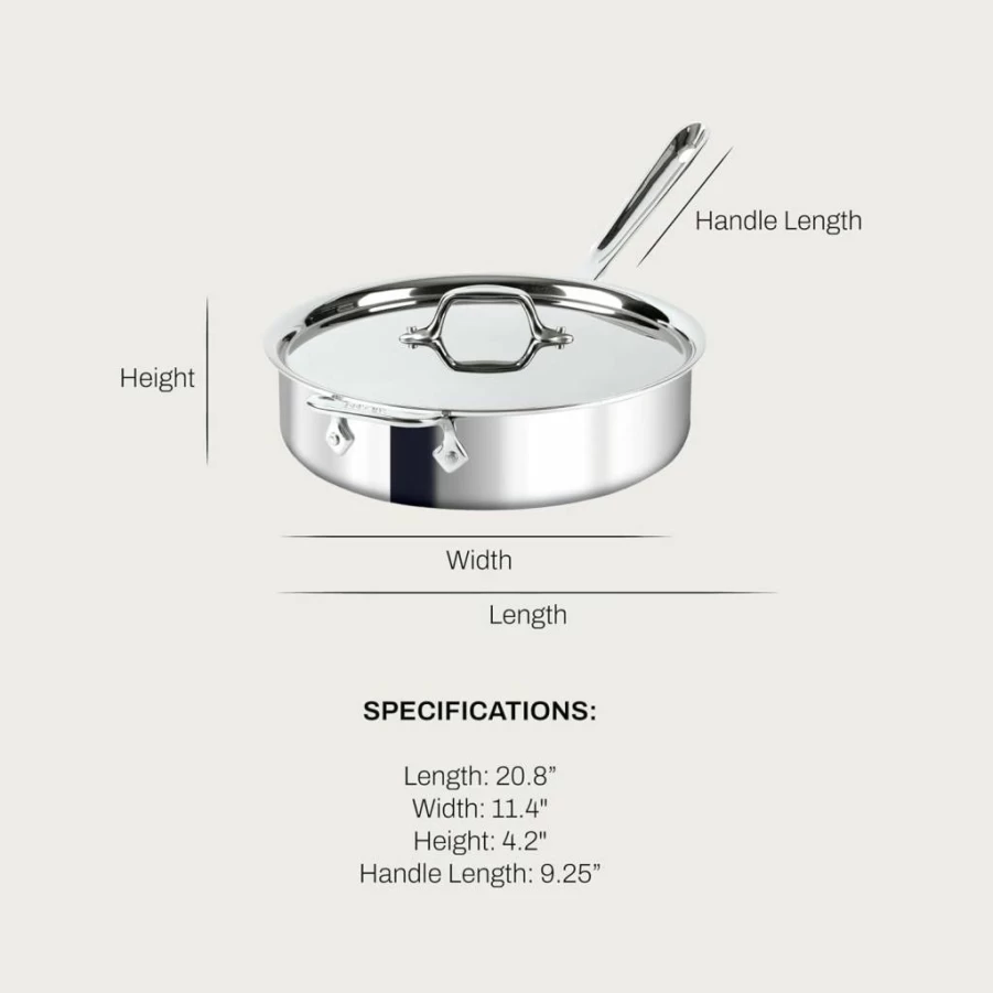 All-Clad D3 3-Ply Stainless Steel 3-Quart Saute Pan with Lid - Induction Compatible, Oven Safe to 600°F, Multi-Cooktop Deep Skillet for Frying, Searing & Everyday Cooking