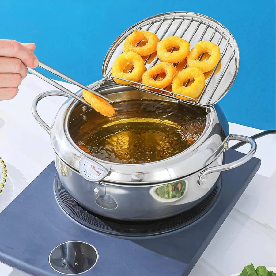 Abizarch 8.2 Inch Stainless Steel Deep Fryer Pot with Strainer Basket & Thermometer, 2.2L Japanese Style Oil Mini Fryer for Fish, Shrimp, Chicken - Dishwasher Safe