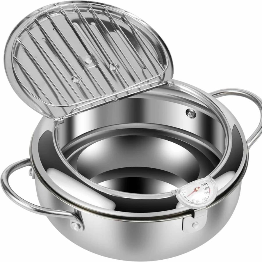 Abizarch 8.2 Inch Stainless Steel Deep Fryer Pot with Strainer Basket & Thermometer, 2.2L Japanese Style Oil Mini Fryer for Fish, Shrimp, Chicken - Dishwasher Safe
