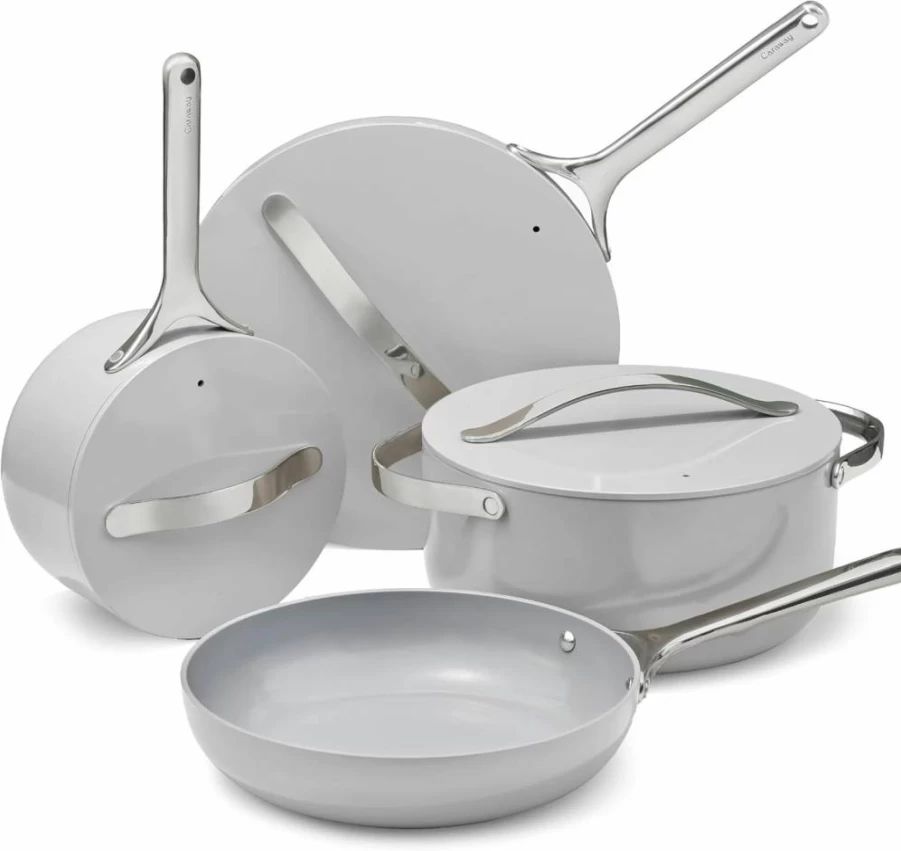 Caraway 12-Piece Non-Toxic Ceramic Nonstick Cookware Set with Pots, Pans, 3 Lids & Storage - Oven & All Stovetops Safe - Cream