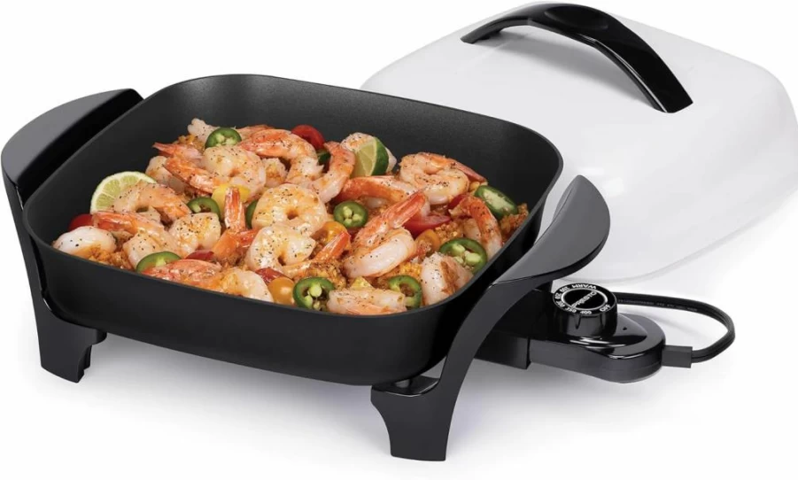 Presto 11-Inch Electric Skillet with Adjustable Temperature Control, Nonstick Cooking Surface, Black and White Design for Even Heating, Family Size Frying Pan