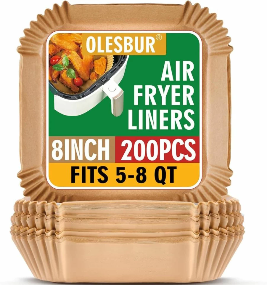 OLESBUR 200Pcs 8 Inch Unbleached Air Fryer Liners, Non-Stick Parchment Paper Sheets for Air Fryer Basket, Disposable Baking Accessories, Natural Airfryer Paper Liners