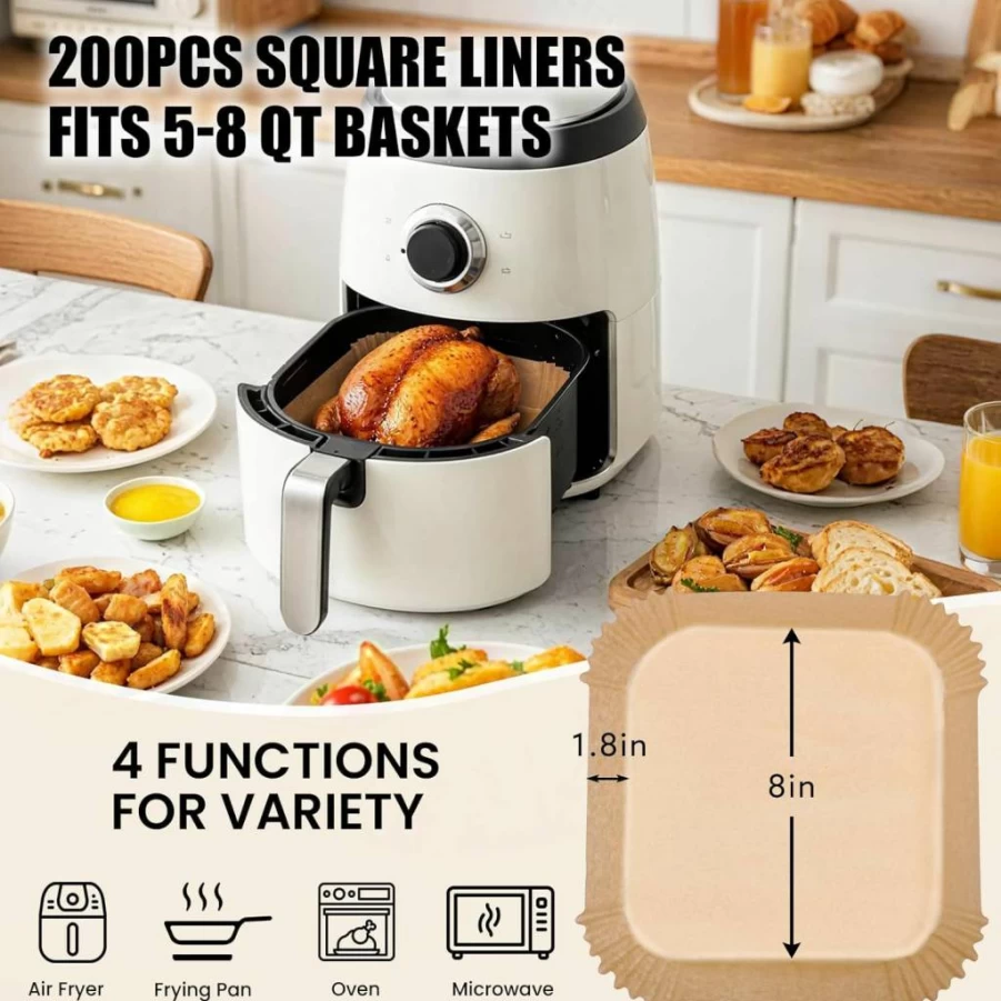 OLESBUR 200Pcs 8 Inch Unbleached Air Fryer Liners, Non-Stick Parchment Paper Sheets for Air Fryer Basket, Disposable Baking Accessories, Natural Airfryer Paper Liners
