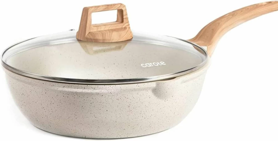 CAROTE 12-Inch Nonstick Deep Fry Pan with Lid, 5.5 Qt Induction-Safe Saute Pan, PFOA-Free Granite Coating, Pour Spout, White Cookware for Kitchen