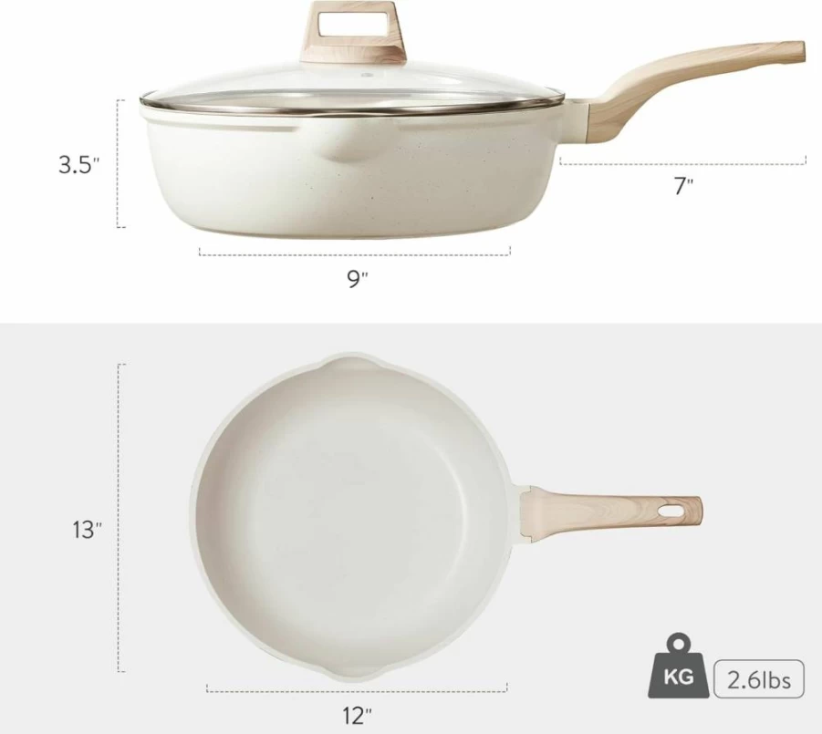 CAROTE 12-Inch Nonstick Deep Fry Pan with Lid, 5.5 Qt Induction-Safe Saute Pan, PFOA-Free Granite Coating, Pour Spout, White Cookware for Kitchen