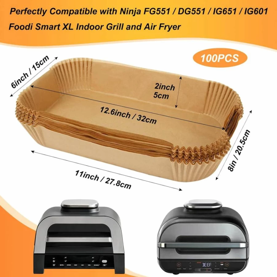 BYKITCHEN 100-Pack Rectangle Air Fryer Parchment Paper Liners Compatible with Ninja Foodi Smart XL Grill FG551/DG551/IG651 & Indoor Grill Accessories
