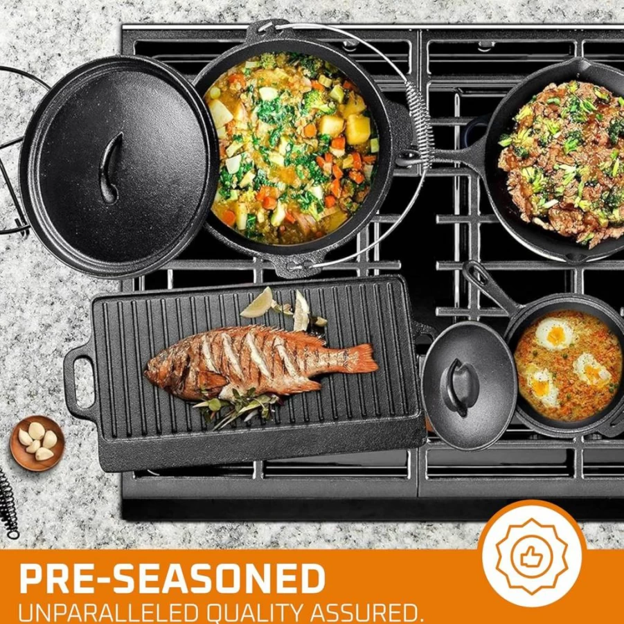 Bruntmor 7-Piece Pre-Seasoned Cast Iron Camping Cookware Set with Dutch Oven, Lids & Storage Box for Outdoor, Campfire & Grill Cooking