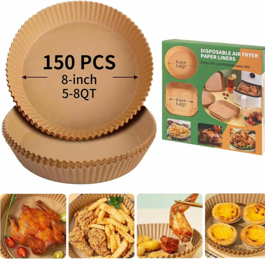 AOJOYS 150-Pack 8-Inch Round Air Fryer Liners, Non-Stick Parchment Paper for 5-8Qt Air Fryers, Microwave Safe, Oil-Proof Disposable Baking Sheets for Frying, Roasting & Reheating