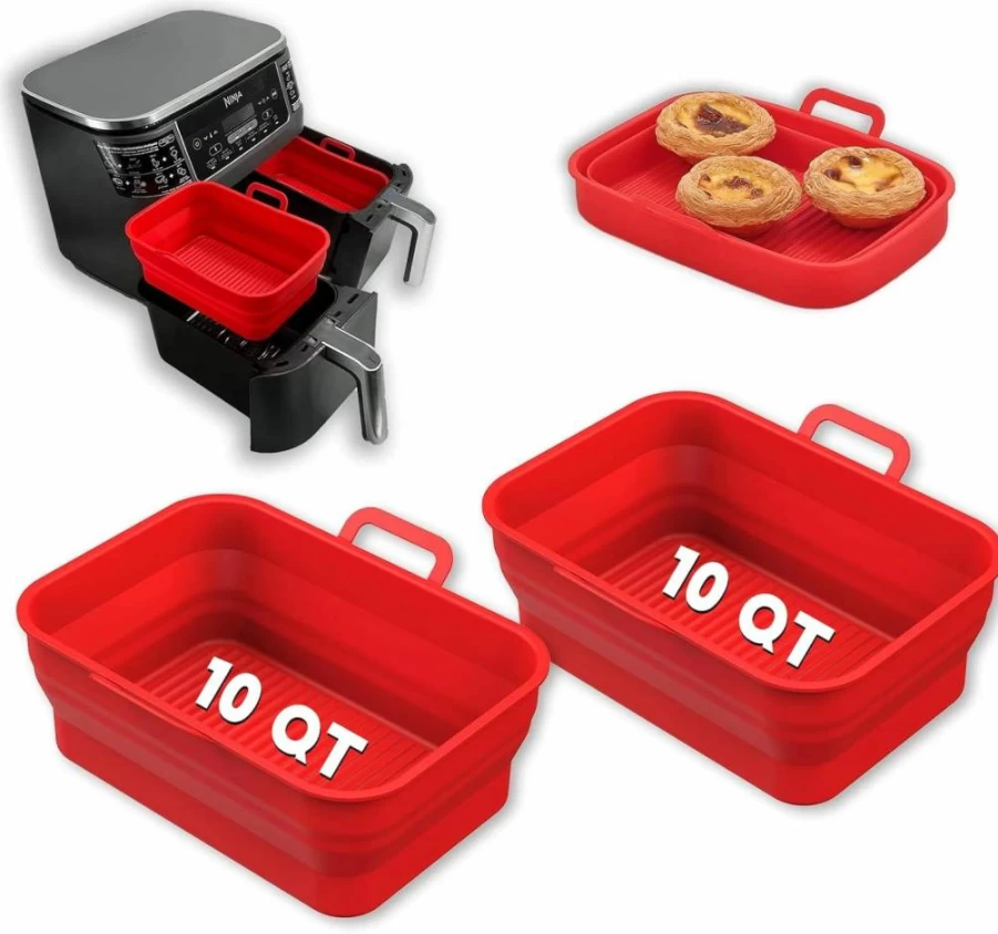Vangerute 2-Pack Collapsible Silicone Air Fryer Liners for Ninja Foodi 8Qt & 10Qt, Reusable Rectangular Air Fryer Basket, Non-Stick Gray Accessories