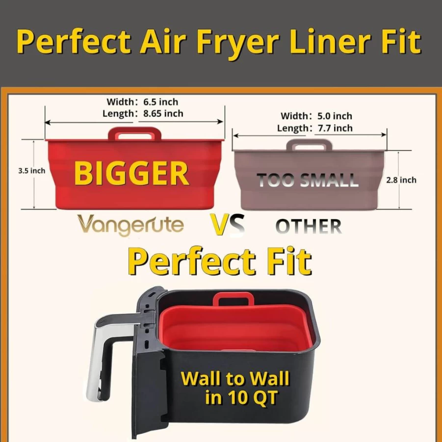 Vangerute 2-Pack Collapsible Silicone Air Fryer Liners for Ninja Foodi 8Qt & 10Qt, Reusable Rectangular Air Fryer Basket, Non-Stick Gray Accessories