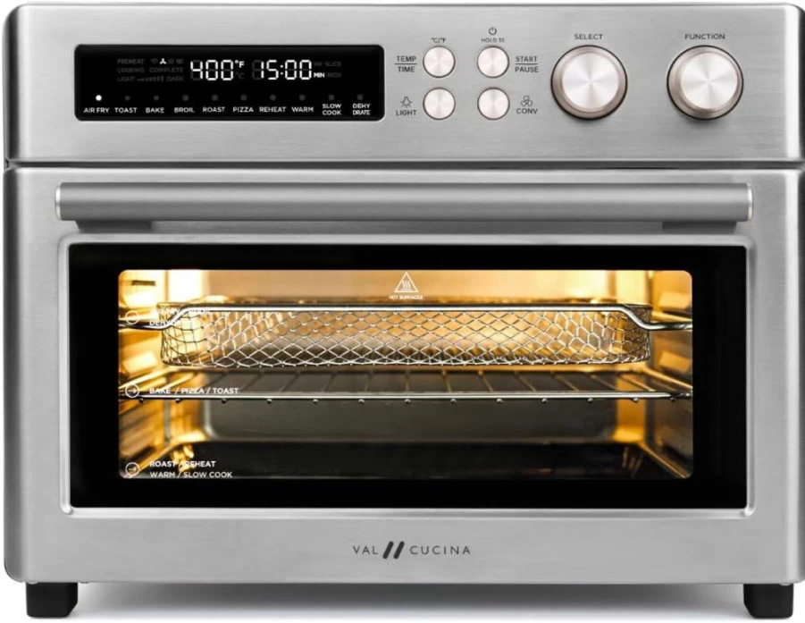 VAL CUCINA 10-in-1 Infrared Heating Air Fryer Toaster Oven, Large Countertop Convection Oven with 6-Slice Capacity, Easy-Clean Enamel Baking Pan & Recipe Book, Black Matte Stainless Steel