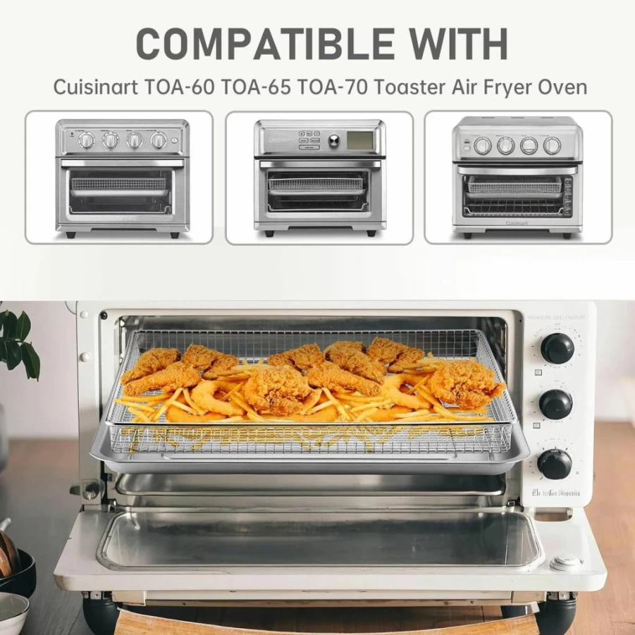 2-Pack DONGULI Air Fryer Basket and Baking Tray Set for Cuisinart TOA-60 TOA-65 TOA-70, 12.3" x 11" Nonstick Stainless Steel Accessories for Grilling, Oven, BBQ & Family Cooking