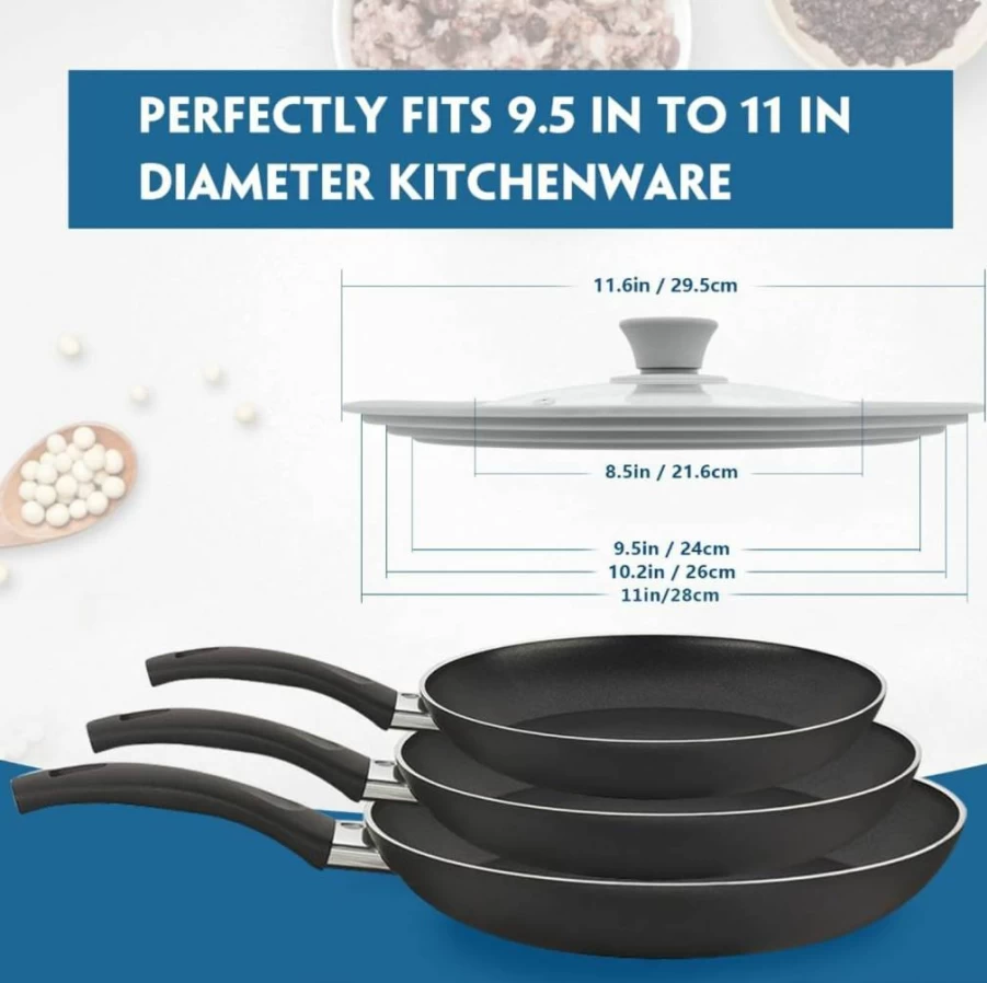 TOPULORS 8-9.5 Inch Universal Glass Cookware Lid with Silicone Rim - Dishwasher Safe Replacement Cover for Pots, Pans & Skillets - Grey Tempered Glass Lid