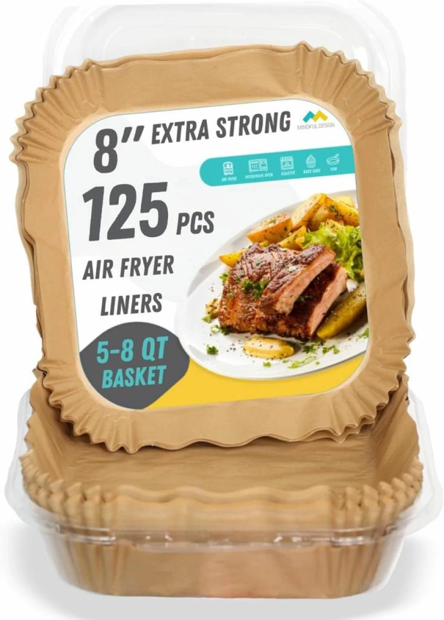 Mindful Design Air Fryer Parchment Paper Liners, 125-Pack 8-Inch Non-Stick Microwave Safe Baking Sheets, Unbleached & Eco-Friendly