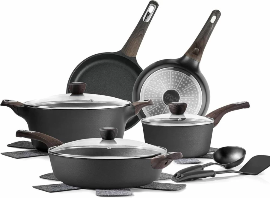 SENSARTE 14-Piece Non-Toxic Non-Stick Cookware Set, PFOA PFOS APEO Free, Induction Compatible Pots and Pans Set with Frying Pans & Saucepan, Black Healthy Kitchen Cooking Set