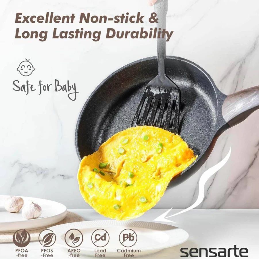 SENSARTE 14-Piece Non-Toxic Non-Stick Cookware Set, PFOA PFOS APEO Free, Induction Compatible Pots and Pans Set with Frying Pans & Saucepan, Black Healthy Kitchen Cooking Set
