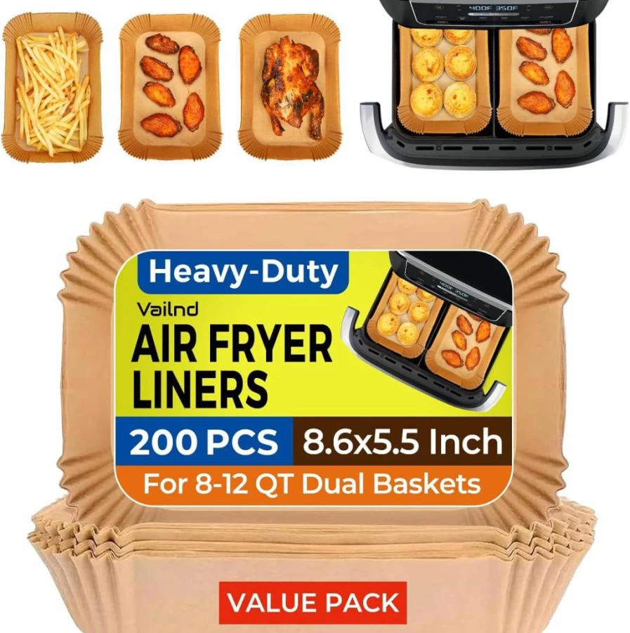 Vailnd 200PCS Disposable Air Fryer Liners, 8.6x5.5 Inch Parchment Paper for Dual Basket Air Fryers - Compatible with Ninja DZ201, DZ401, Chefman, Cosori & More