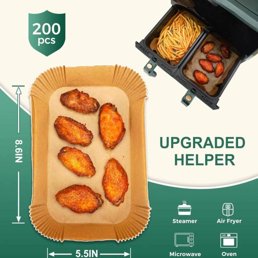 Vailnd 200PCS Disposable Air Fryer Liners, 8.6x5.5 Inch Parchment Paper for Dual Basket Air Fryers - Compatible with Ninja DZ201, DZ401, Chefman, Cosori & More