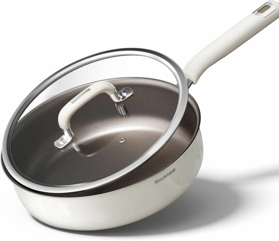 StackBear 11" Ceramic Nonstick Deep Fry Pan with Lid - 5.5 Qt PFOA-Free Saute Skillet, Titanium Reinforced Tri-Ply Stainless Steel, Induction Compatible & Dishwasher Safe Cookware