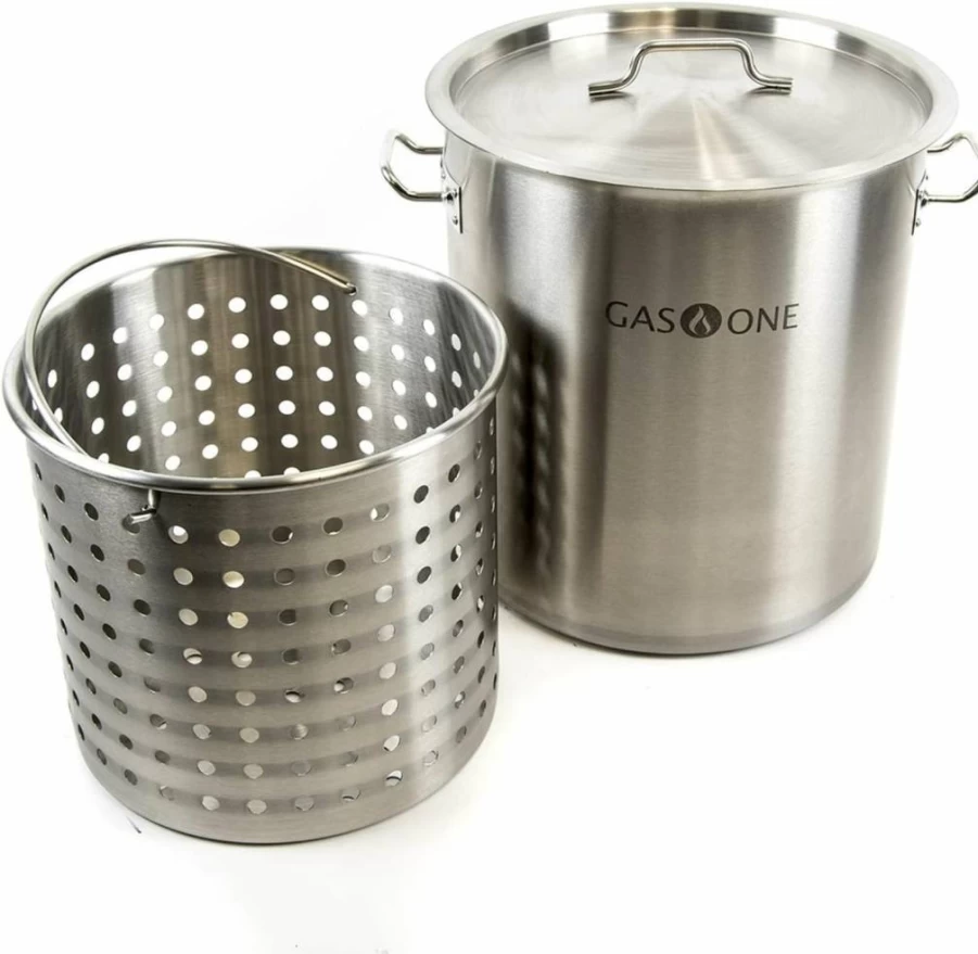 Gas One 32 Quart Stainless Steel Deep Fryer Pot with Tri-Ply Bottom & Multi-Use Basket for Frying, Steaming, Boiling