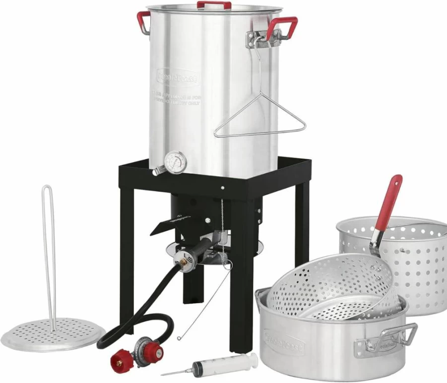 Creole Feast 30 Qt Turkey Fryer & 10 Qt Fish Boiler Steamer Set - 50,000 BTU Propane Outdoor Cooker for Frying, Steaming, and Boiling