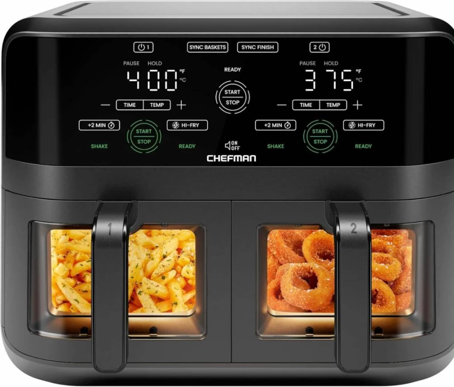 Chefman 6 Quart Digital Air Fryer with Dual Nonstick Baskets, Sync Finish, Auto Shutoff, Easy View Window & Dishwasher Safe - Black