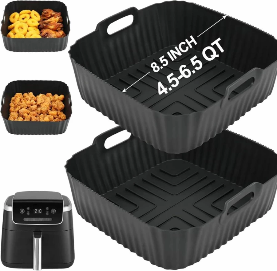 BYKITCHEN 9x9 Inch Square Silicone Air Fryer Liners Set of 2 - Reusable Non-Stick Basket Insert for Ninja, Cosori, Gourmia 6-8Qt Air Fryers - Dishwasher Safe Accessories