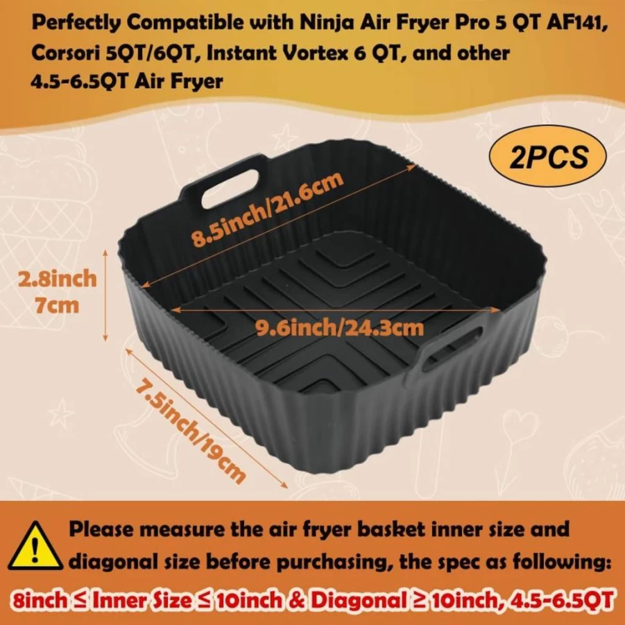 BYKITCHEN 9x9 Inch Square Silicone Air Fryer Liners Set of 2 - Reusable Non-Stick Basket Insert for Ninja, Cosori, Gourmia 6-8Qt Air Fryers - Dishwasher Safe Accessories