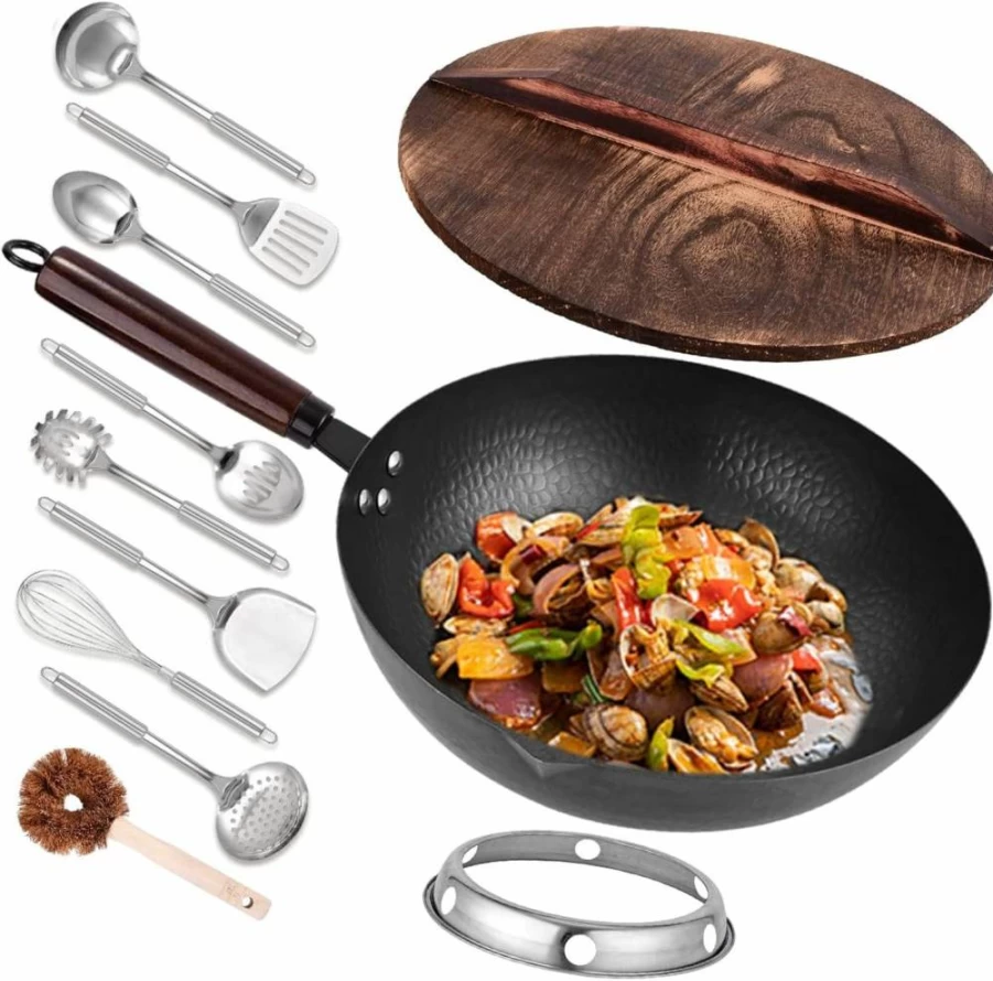 12.8" Leidawn Carbon Steel Wok Pan Set - 11-Piece Non-Toxic Stir Fry Kit with Lid & 10 Accessories, Flat Bottom Compatible with Gas, Induction, Electric Stoves