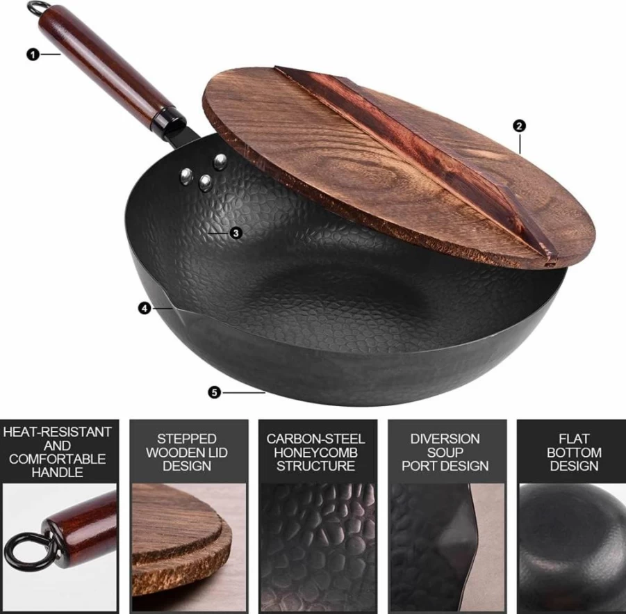12.8" Leidawn Carbon Steel Wok Pan Set - 11-Piece Non-Toxic Stir Fry Kit with Lid & 10 Accessories, Flat Bottom Compatible with Gas, Induction, Electric Stoves