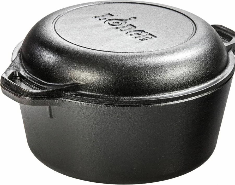 Lodge 5 Quart Pre-Seasoned Cast Iron Dutch Oven with Skillet Lid - PFAS-Free, Oven & Stovetop Safe, Made in USA, Dual Handles for Grill & Campfire Cooking