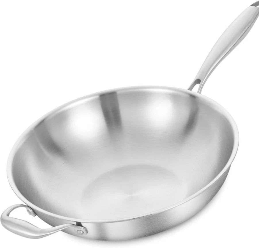 LOLYKITCH 13-Inch Stainless Steel Tri-Ply Wok Pan with Lid - Induction Compatible, Oven & Dishwasher Safe, Heavy Duty Stir-Fry Pan with Detachable Handle