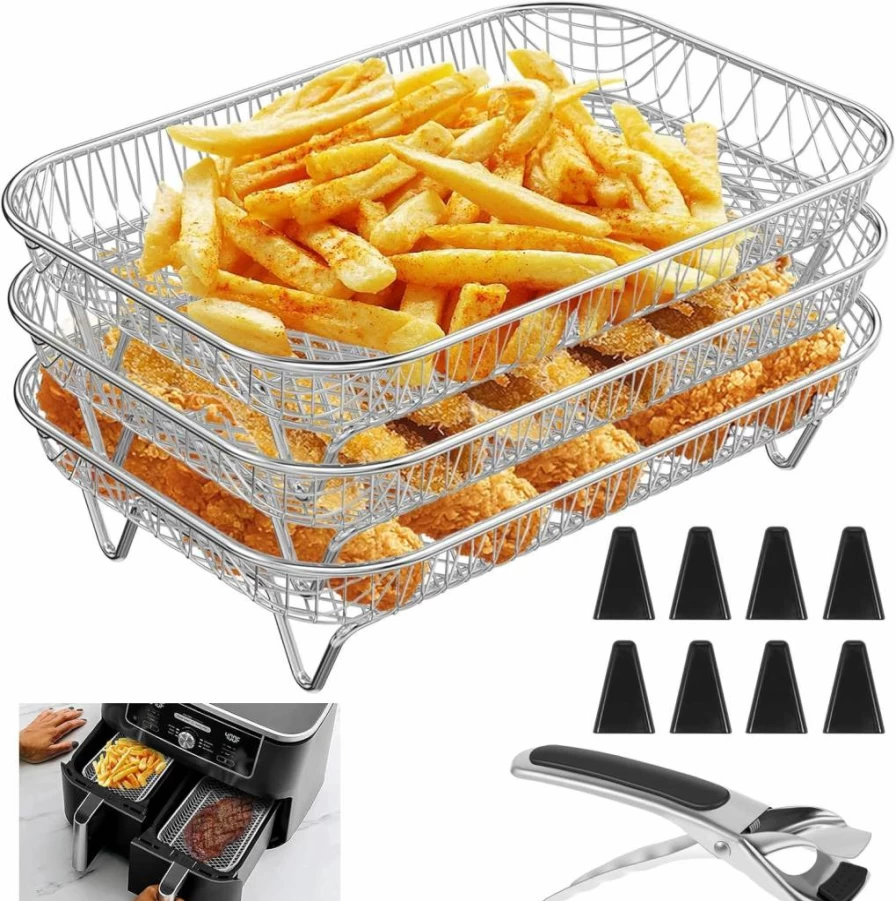 Abizarch 3-Tier Stainless Steel Air Fryer Rack for Ninja AF300UK, Instant, Salter - Stackable Basket Accessories with Clip for Bacon & More